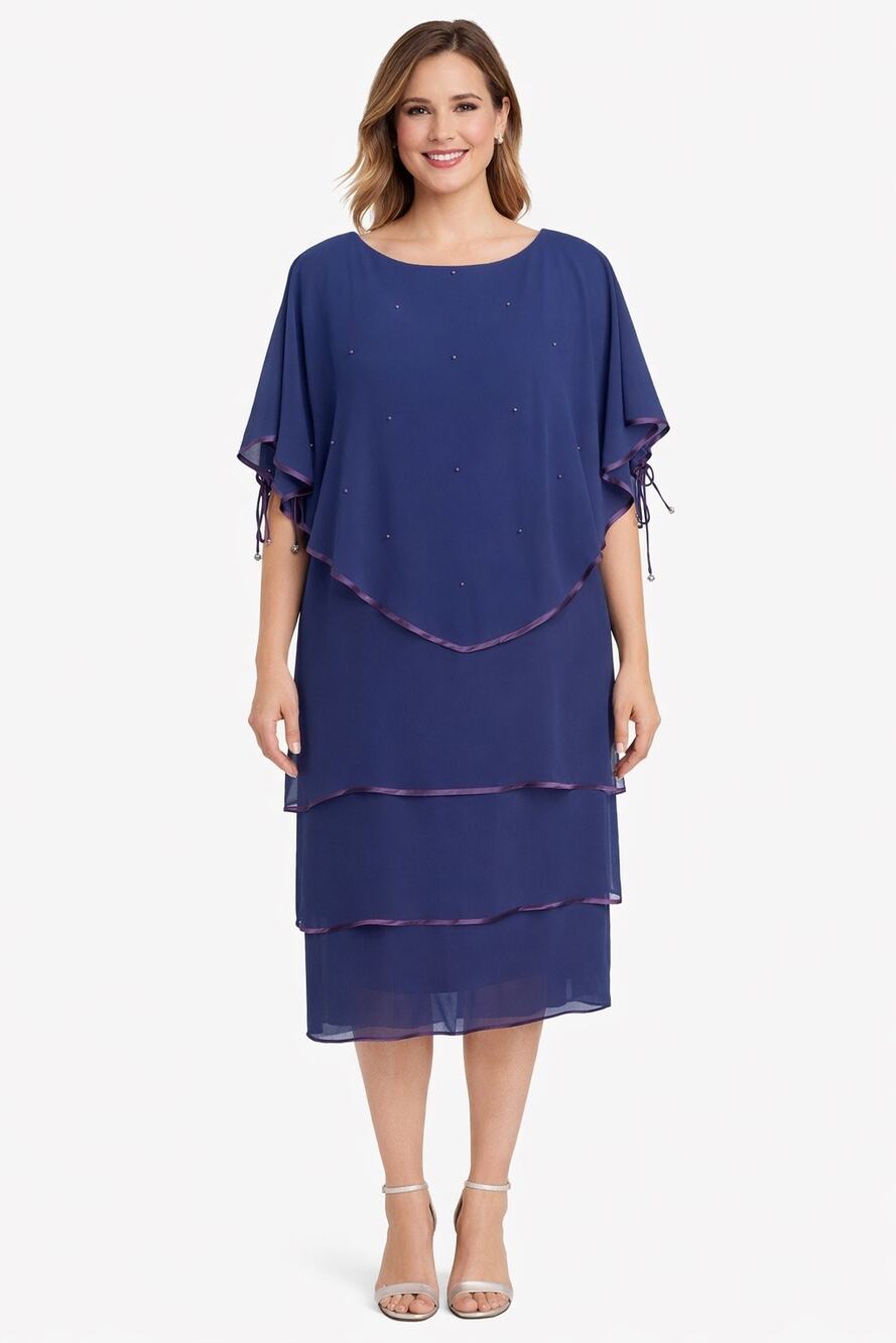 Late 1980s–1990s Patra Blue Chiffon Cape Overlay Beaded Dress Midi XL